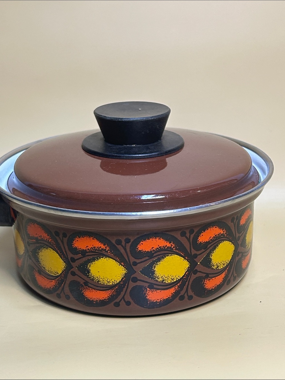 Vintage Austria  Brown Enamel Saucepan with Lid - Orange & Yellow Pattern